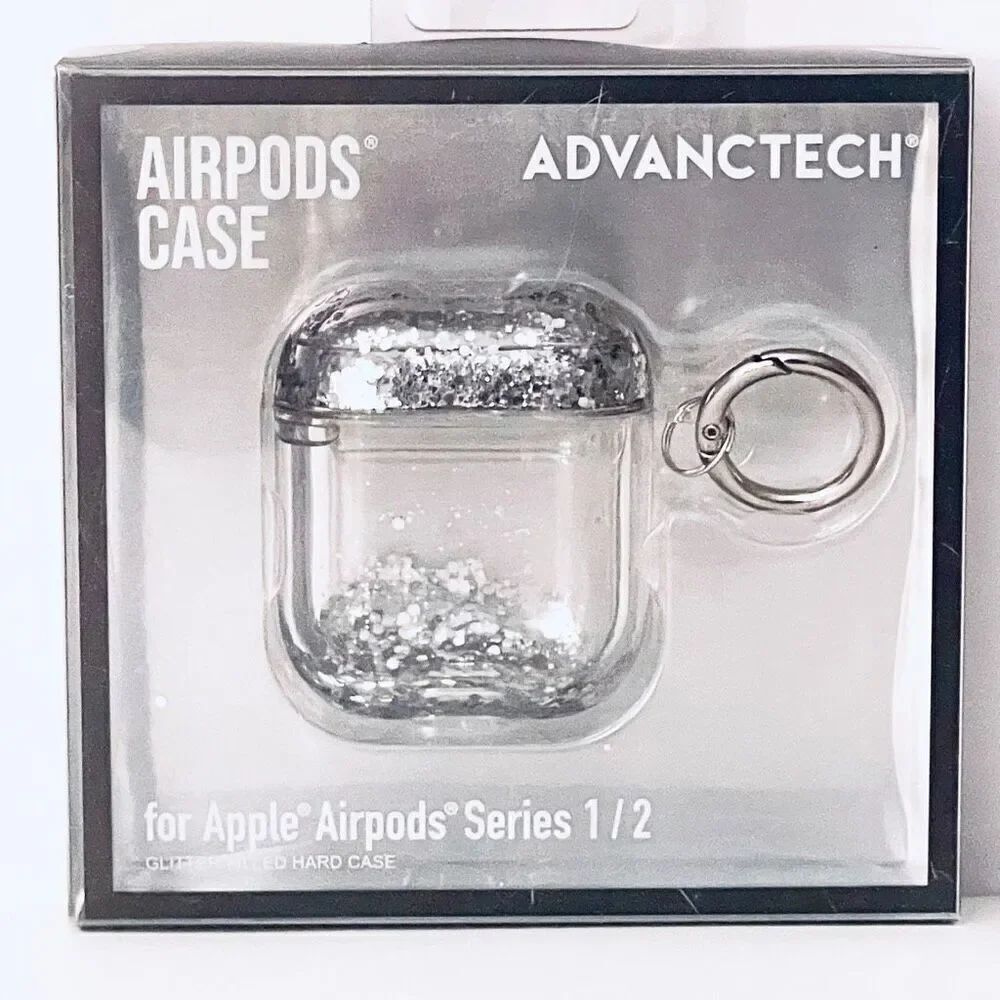 NWT ADVANTECH Clear case cover Apple AirPods Series 1 & 2 Silver Glitter Keyring